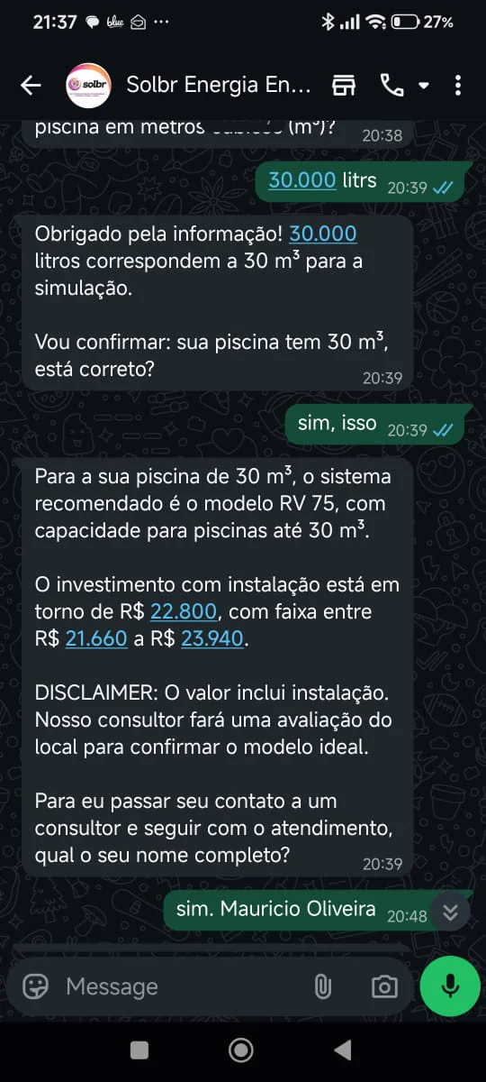 Real Noah conversation in Portuguese — simulating a BESS investment over WhatsApp and answering a lead's question in natural language